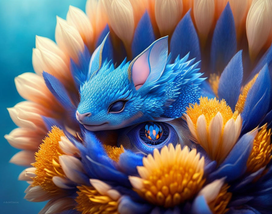 Blue dragon resting among orange and yellow flowers.