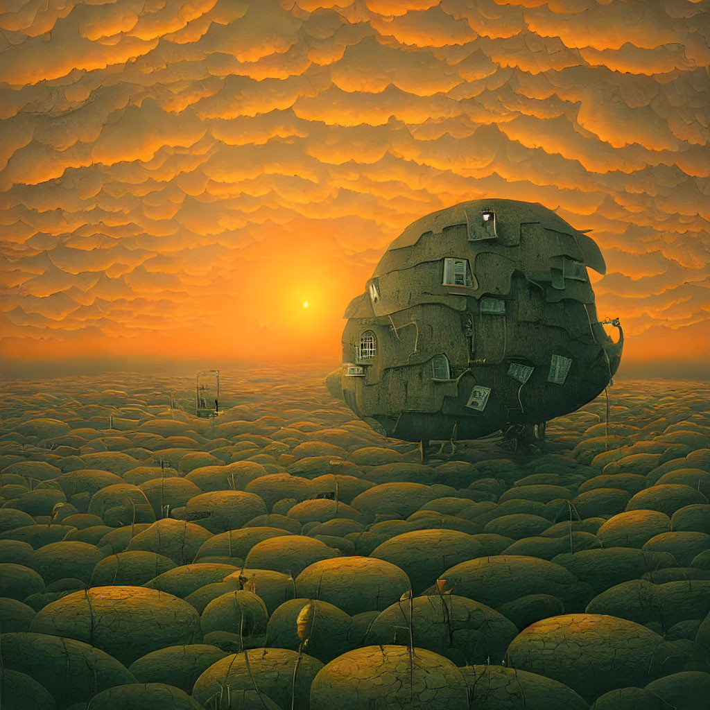 Spherical structure with windows in dome landscape at sunset