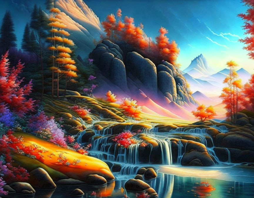 Colorful sunset landscape with waterfalls, autumn trees, and flowers reflected in water