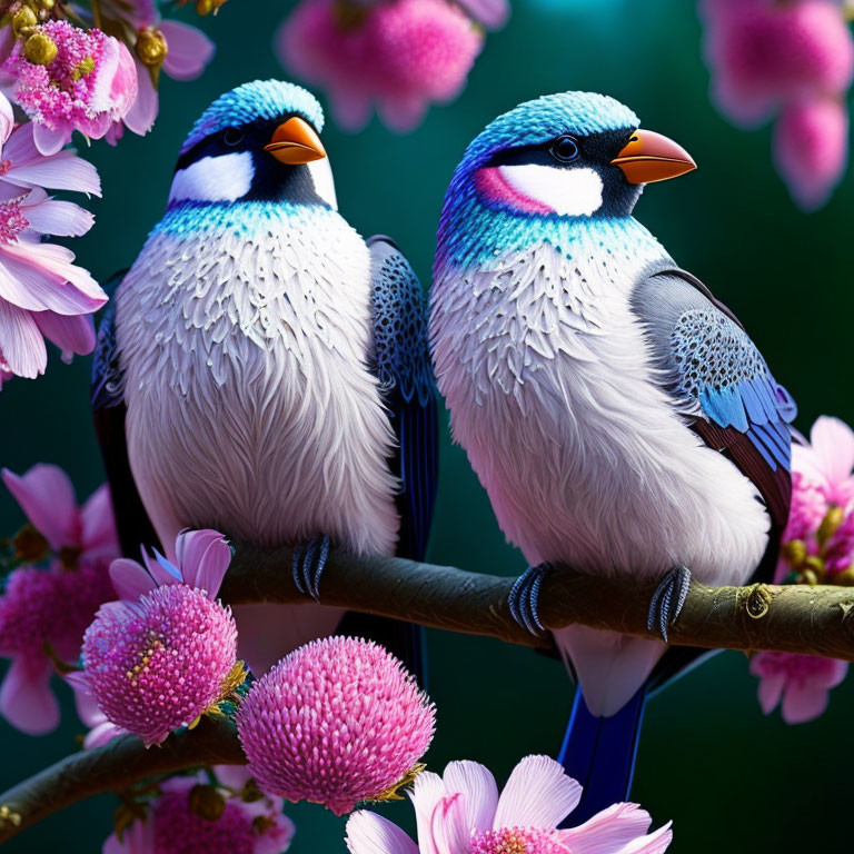 Colorful Birds Perched on Branch Among Pink Blossoms