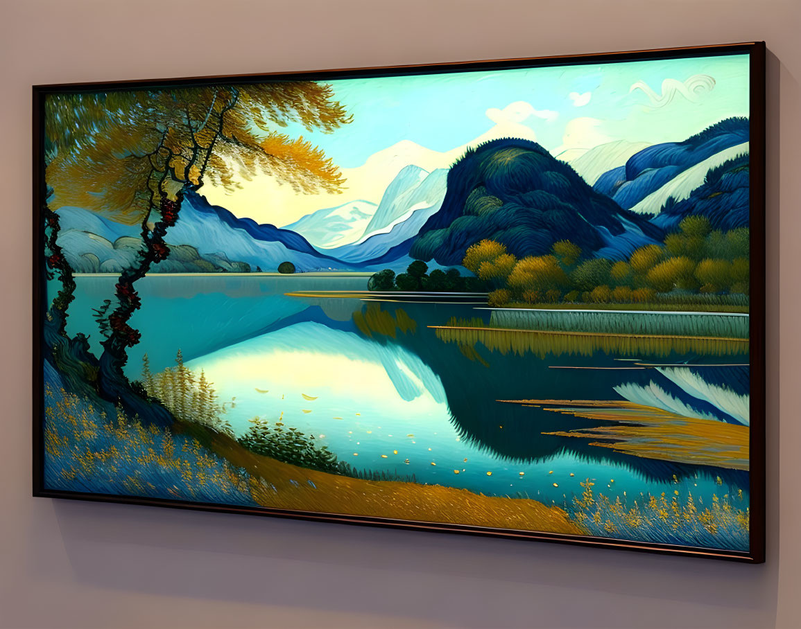 Mountain landscape painting with trees, lake, and stylized frame displayed on wall