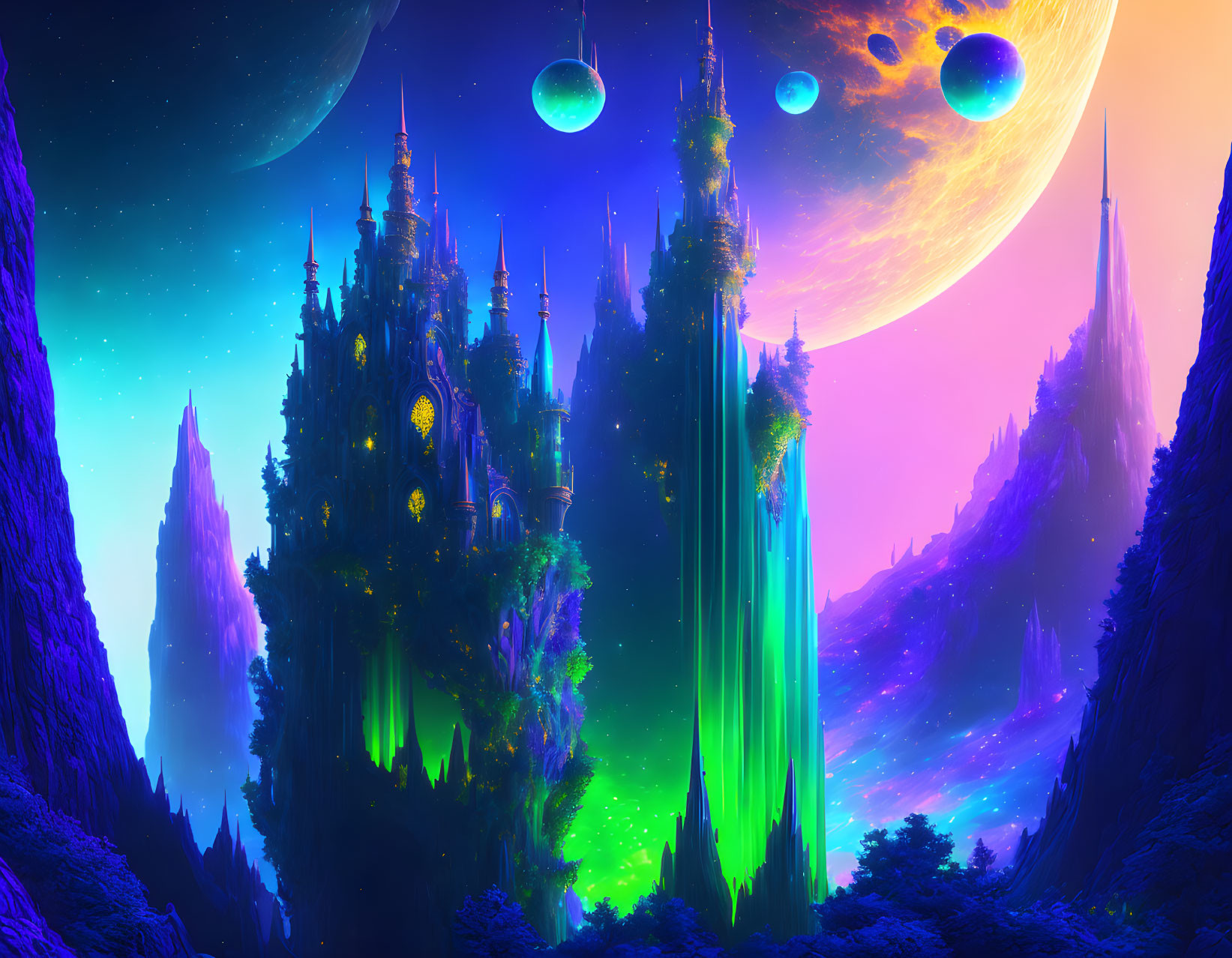 Fantasy landscape with towering spires and neon foliage