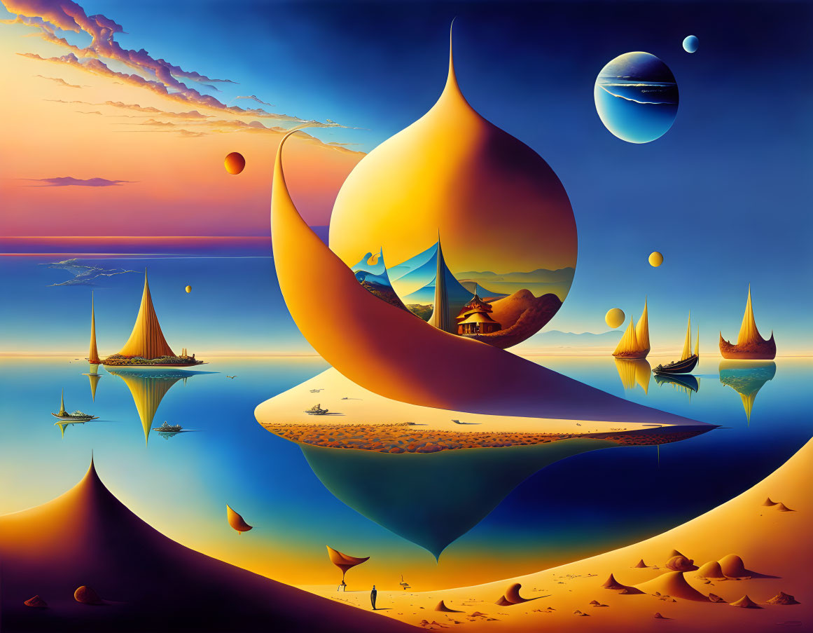 Surreal landscape with floating islands, ships, structures, and planets