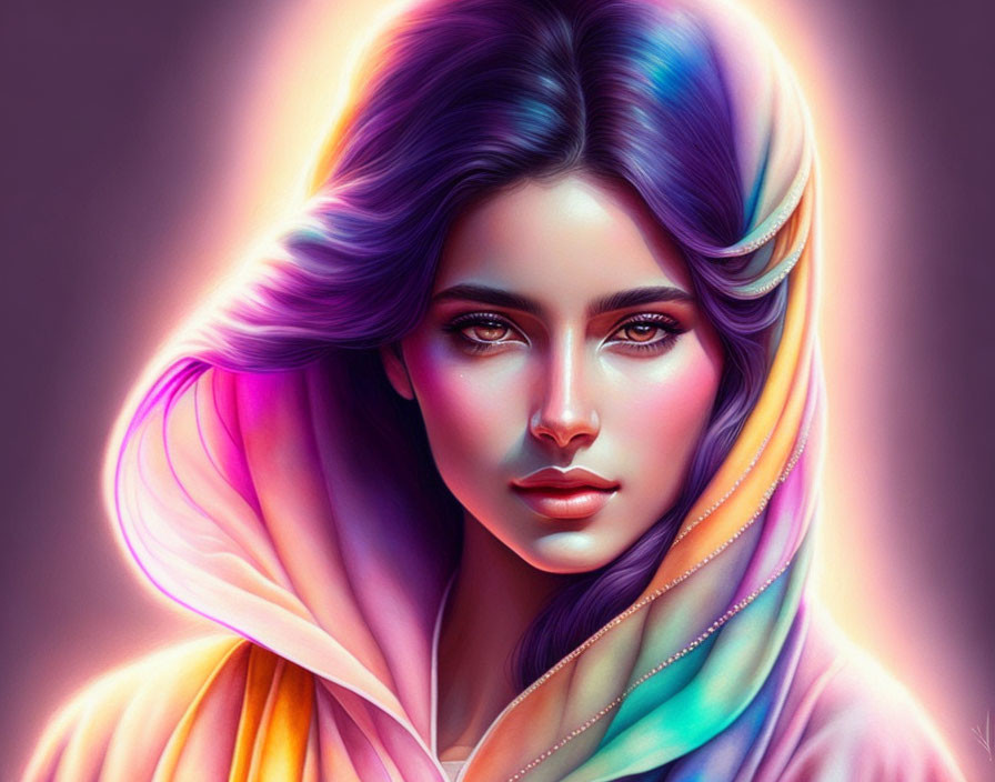 Vibrant digital artwork: Woman with multicolored hair and cloak in purples, p