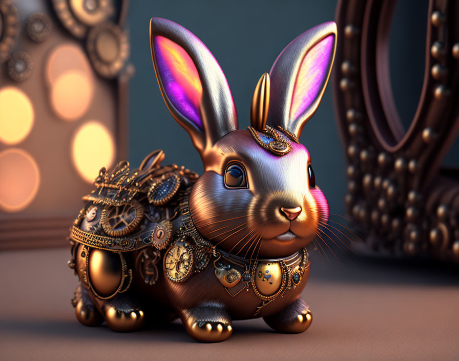 Steampunk-style bronze mechanical bunny with intricate clockwork details