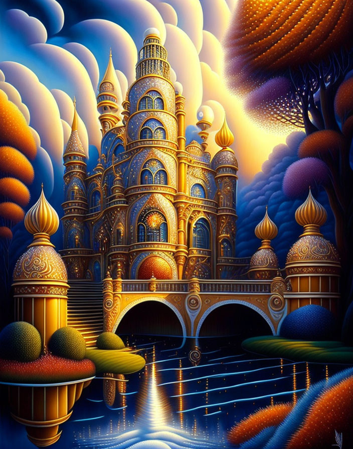 Golden Palace with Onion Domes and Blue Water Against Stylized Sky