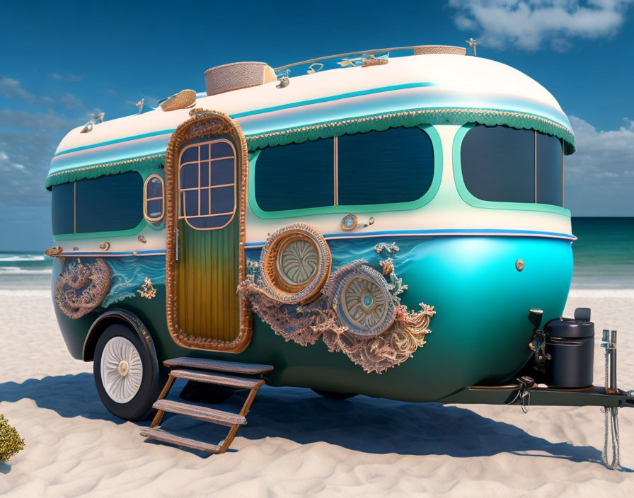 Colorful, ornate caravan with sea-inspired decorations on sandy beach