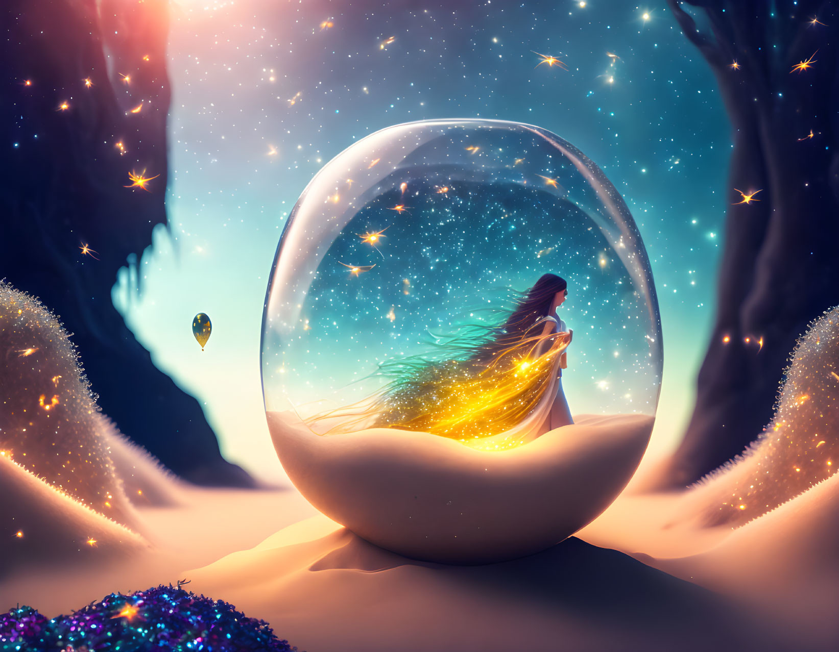 Woman in transparent sphere under starry sky with glowing elements, hot air balloon, and mystical trees