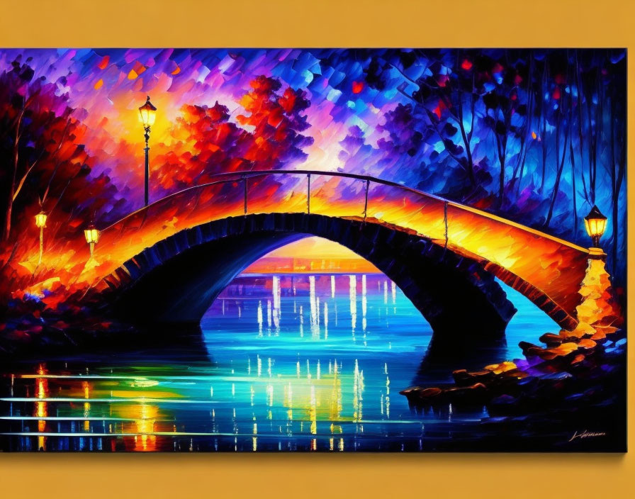 Colorful autumnal bridge painting at twilight with glowing street lamps reflected in calm river