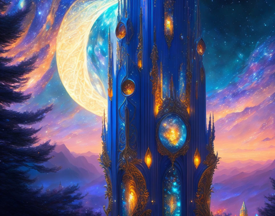 Ornate structure in fantastical landscape under starry sky