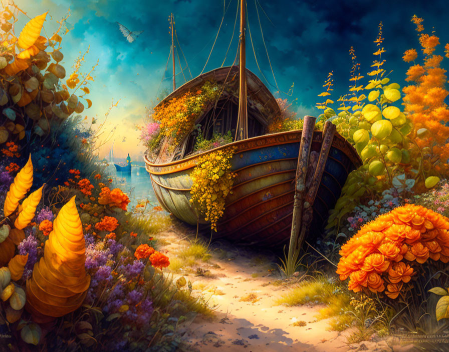 Wooden boat on flower-filled shore with surreal sky and butterflies