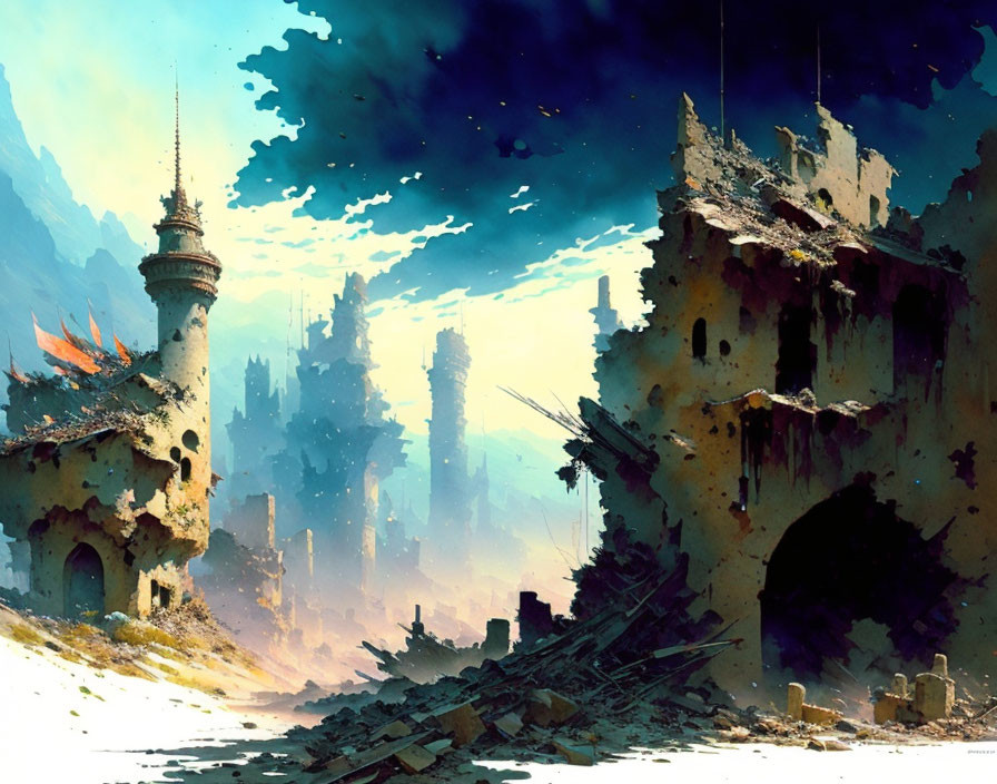 Digital painting: Dilapidated, war-torn city with crumbling buildings and brooding sky