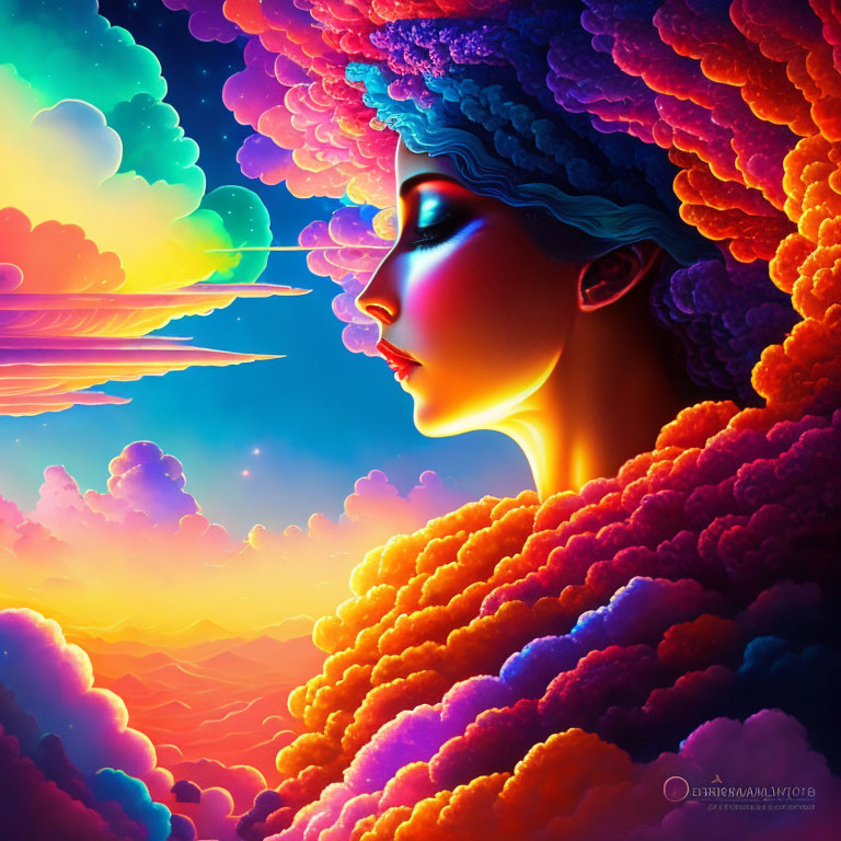 Woman's Profile Blended with Colorful Clouds and Sunset