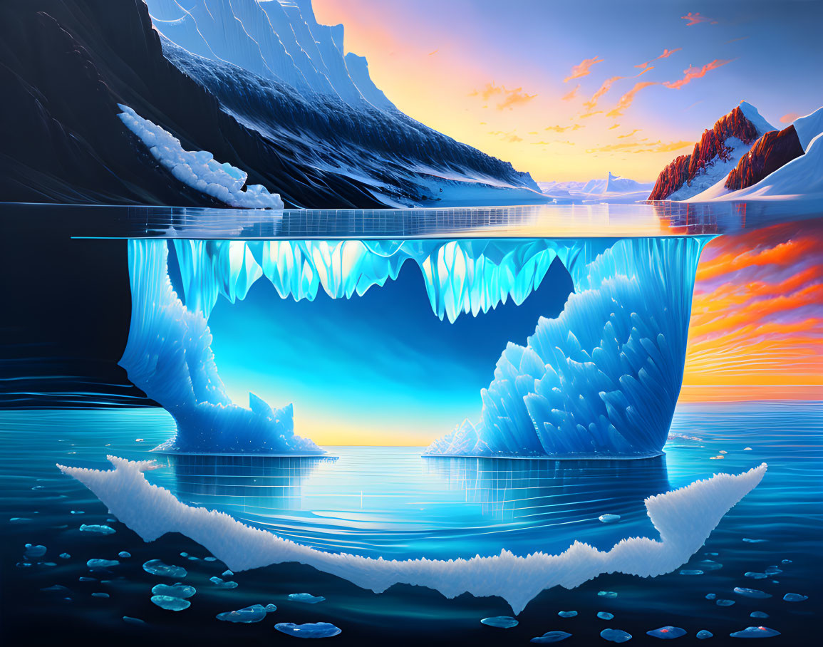 Digital artwork of iceberg above and below waterline at colorful sunset