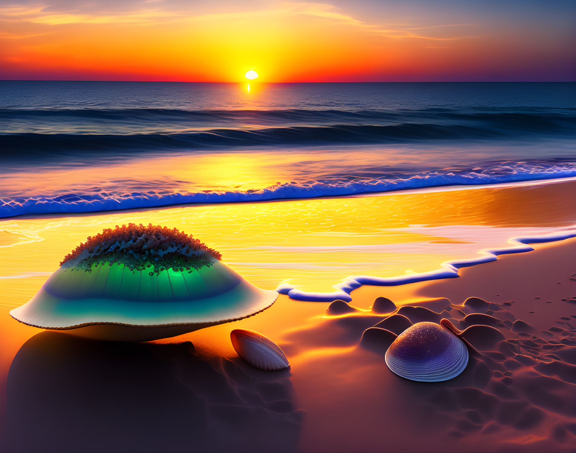 Colorful Ocean Sunset with Seashells and Gentle Waves