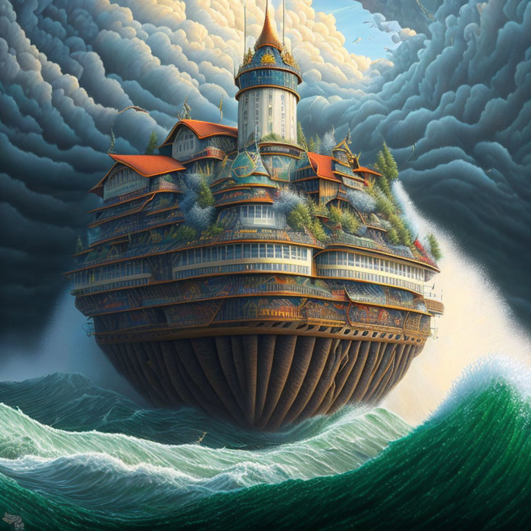 Unique spherical ship with buildings and greenery navigating stormy seas under dramatic sky