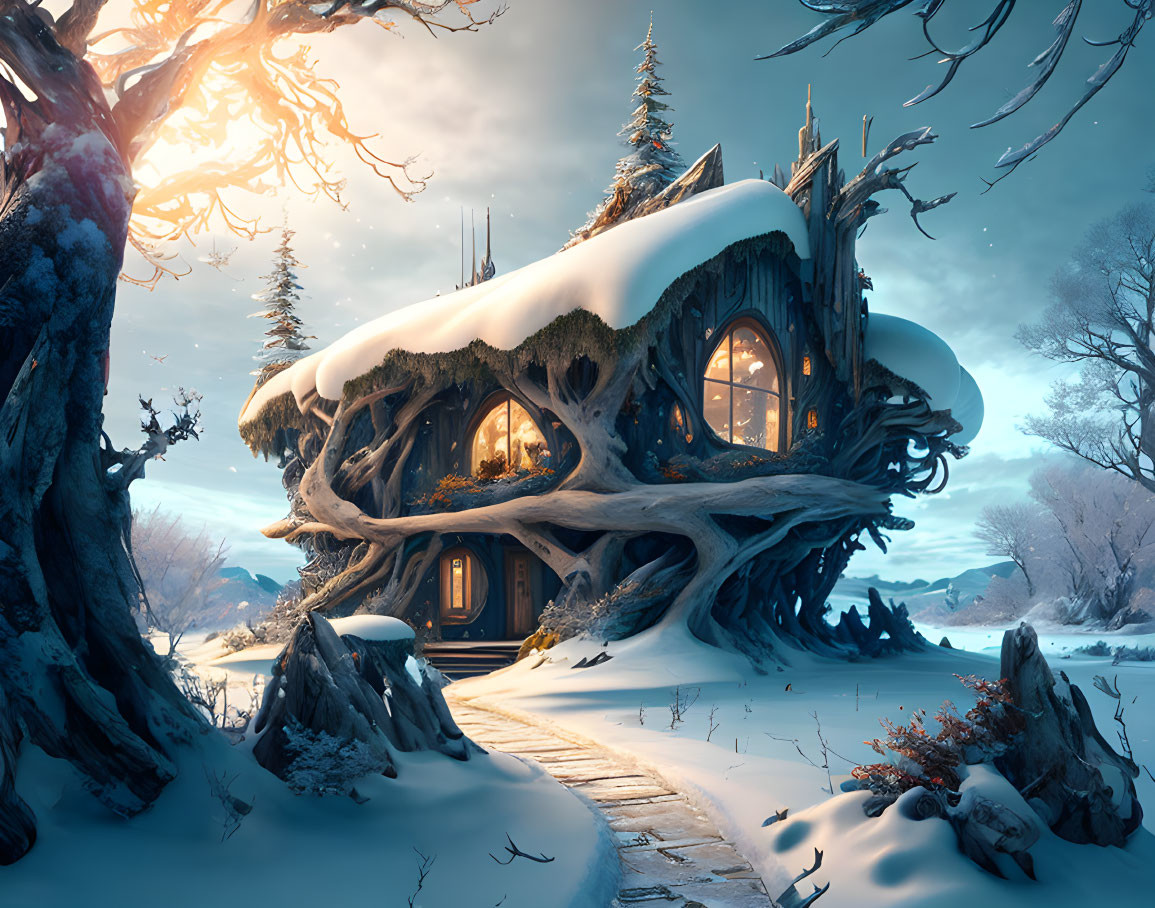 Snow-covered landscape with cozy illuminated treehouse and bare trees