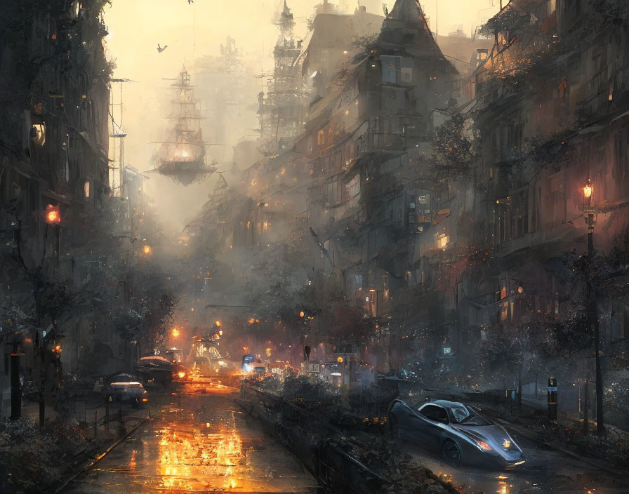 Urban dusk scene with rain, streetlights, airships, and car