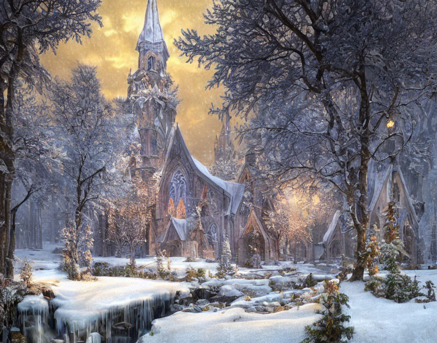 Snow-covered church and trees in scenic winter setting with glowing windows