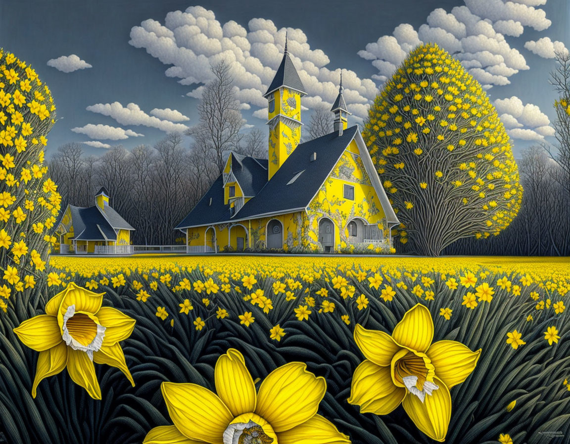 Yellow countryside church in blooming daffodil field under blue sky