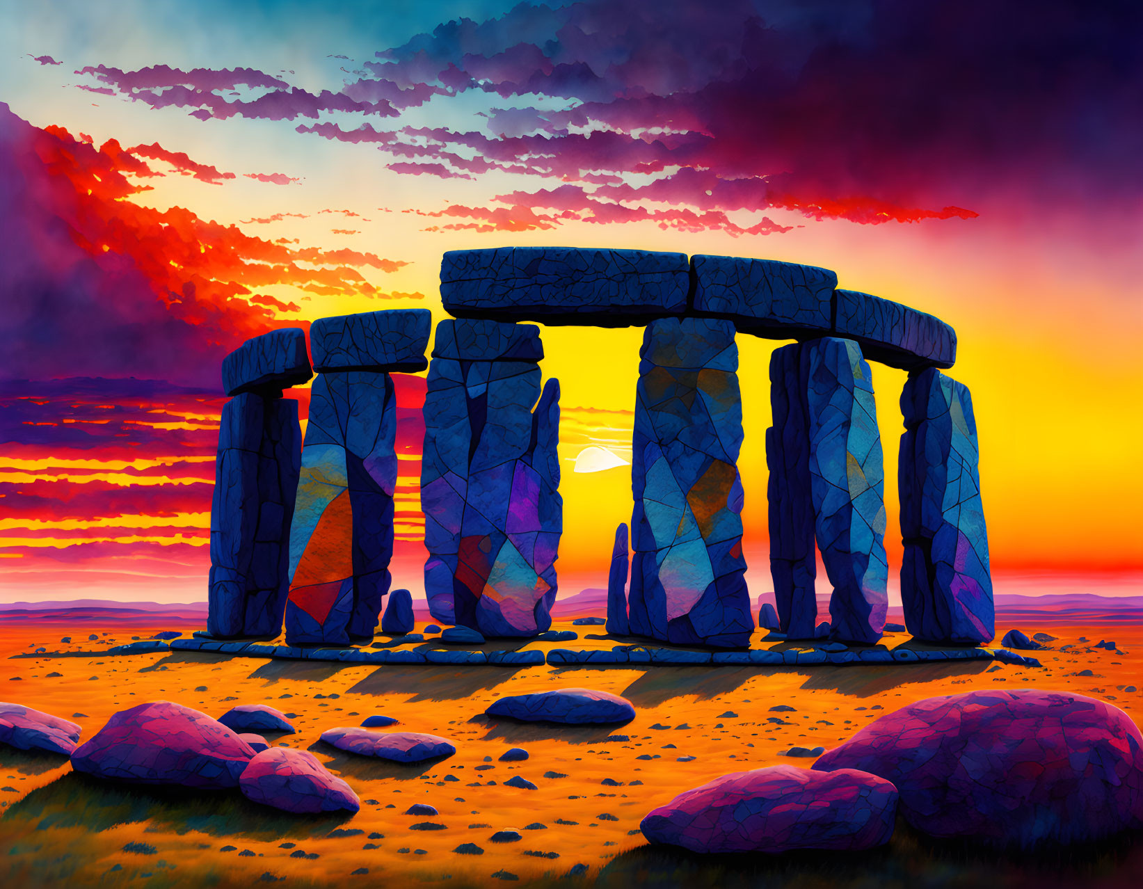 Colorful Sunset Sky Over Stonehenge with Scattered Rocks