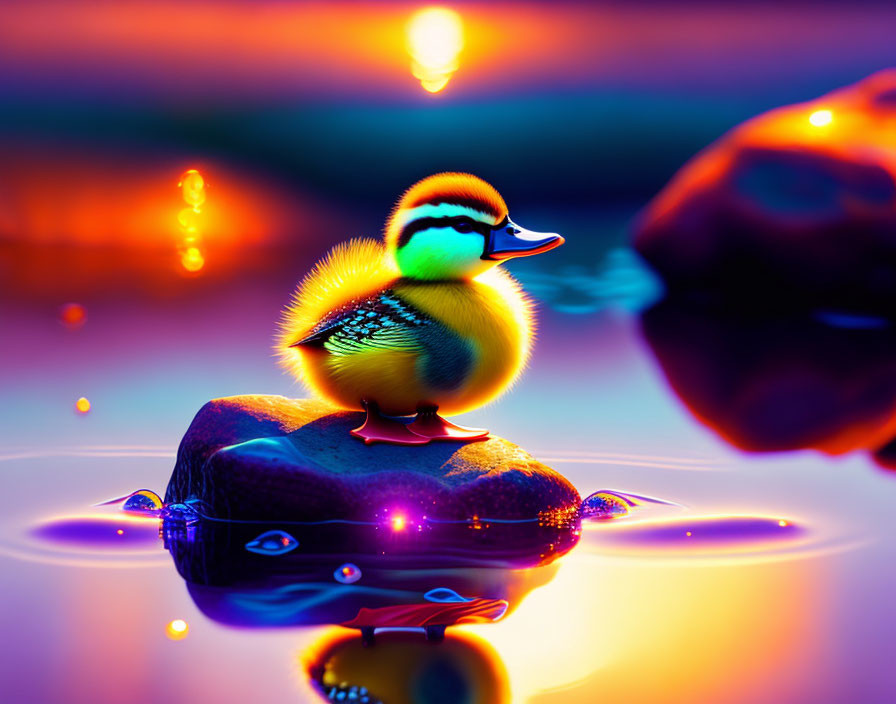 Colorful Duckling Resting on Stone Surrounded by Water