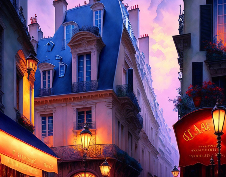 Picturesque Dusk Scene: Parisian Street with Blue and Purple Hues