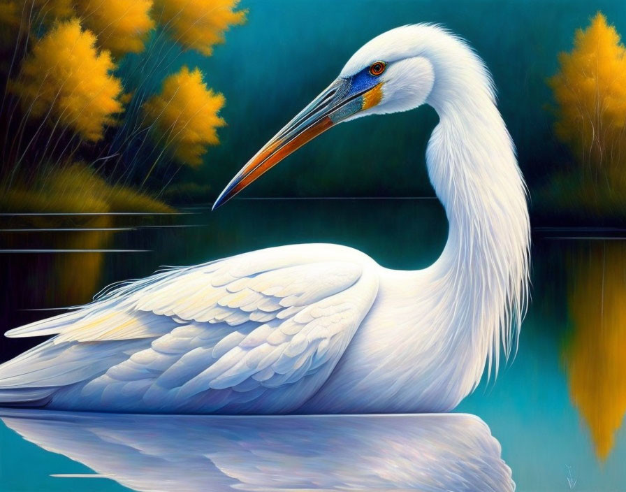 Detailed White Egret Illustration Against Blue Water and Golden Trees