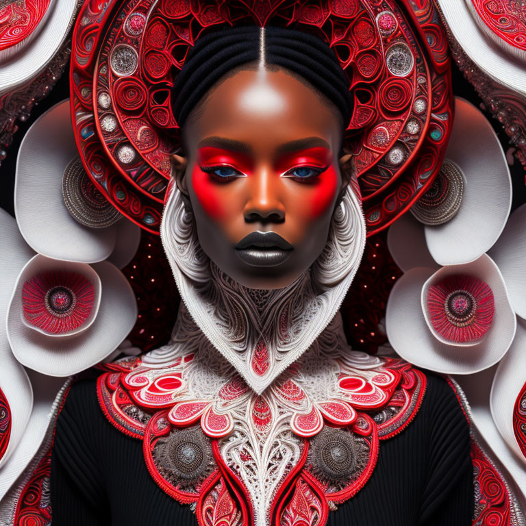 Intricate red and white headpiece on woman with vivid red eye makeup