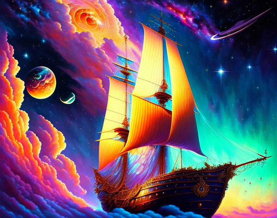 Colorful sailing ship in vibrant cosmic scene with nebulas and comet