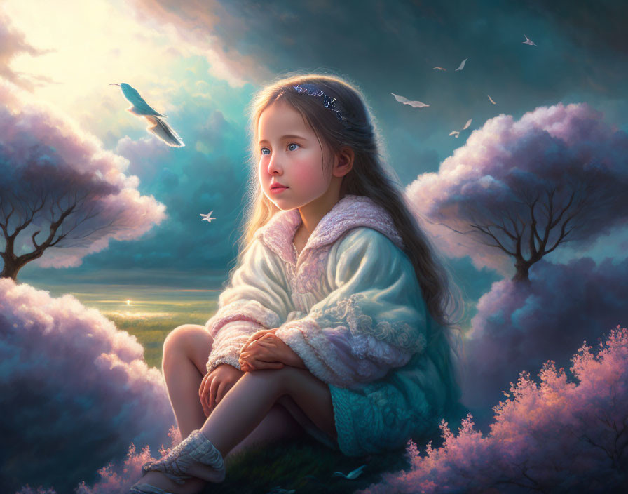 Young girl in contemplative pose in dreamy twilight landscape