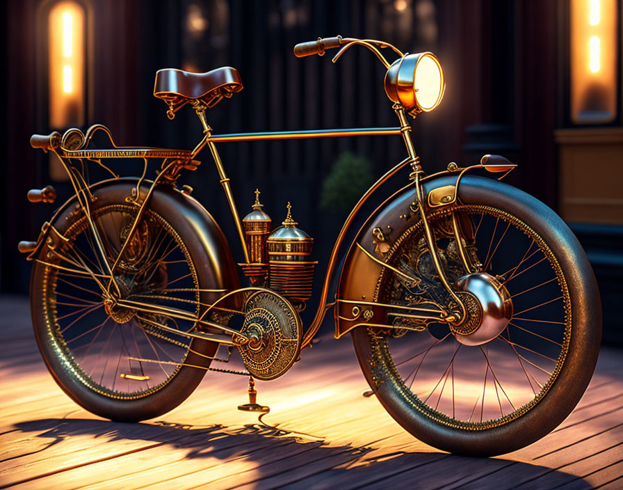 Vintage-style Bicycle with Headlamp and Intricate Metal Details on Wooden Deck