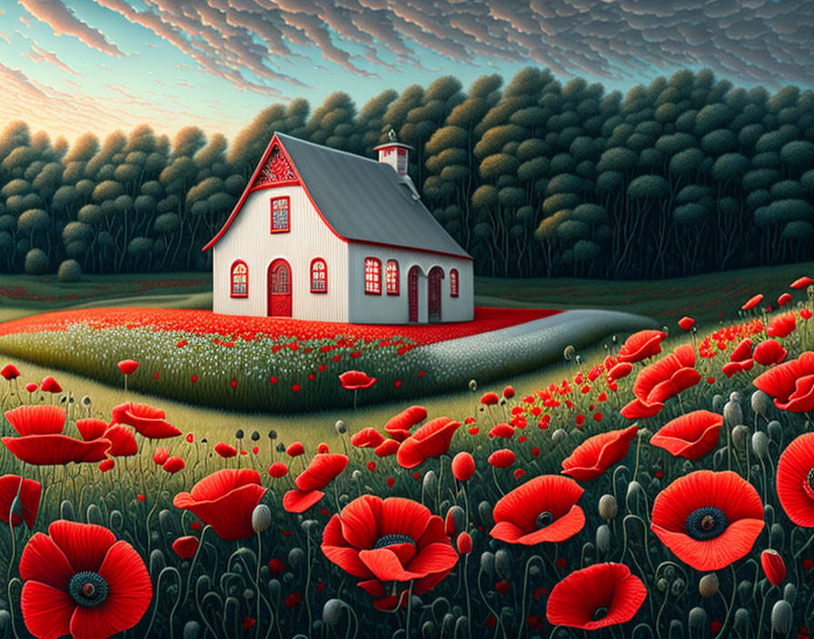 Surreal landscape with red-roofed house and poppy field