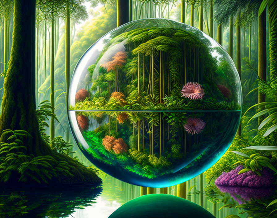 Digital artwork of lush forest scene with reflective sphere.