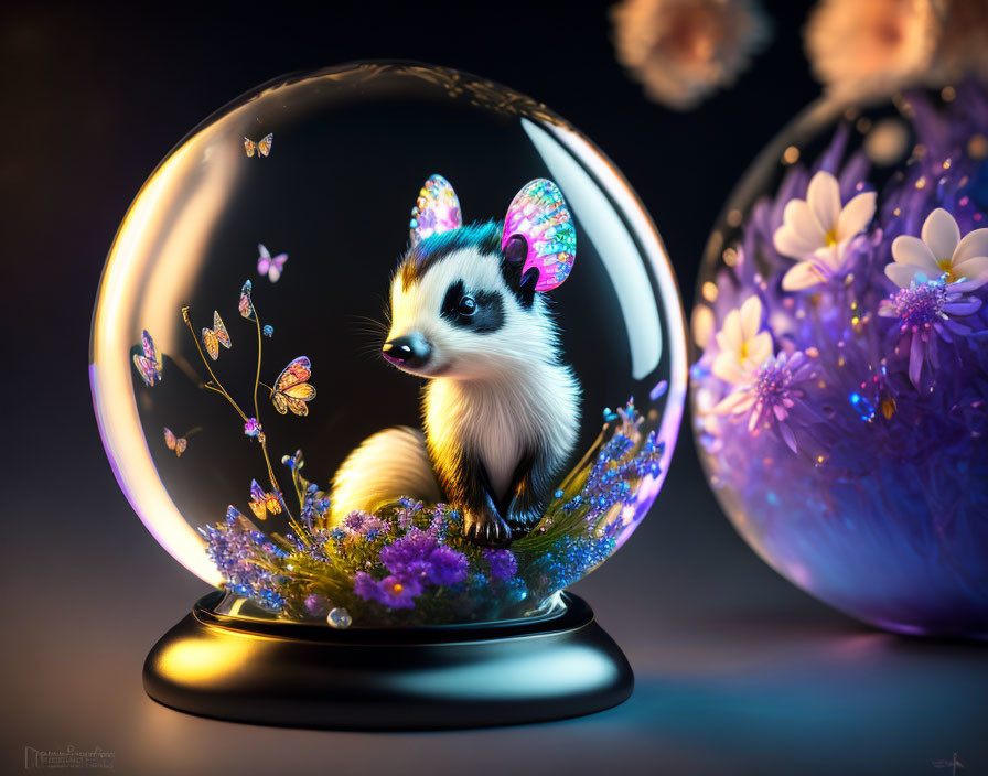 Colorful Butterfly-Eared Skunk in Globe with Purple Flowers