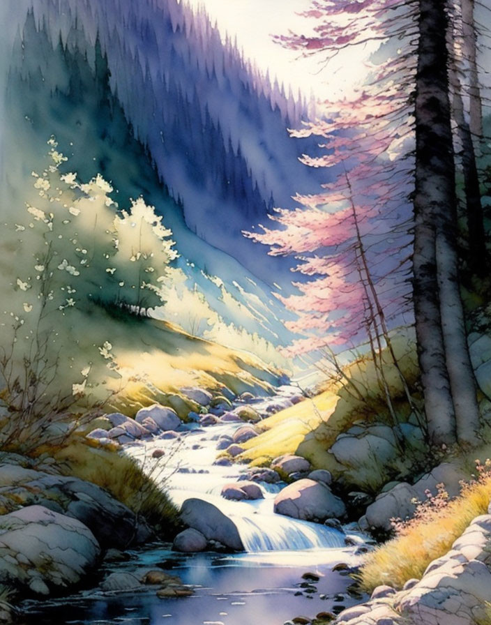 Tranquil watercolor landscape of babbling stream through rocky terrain