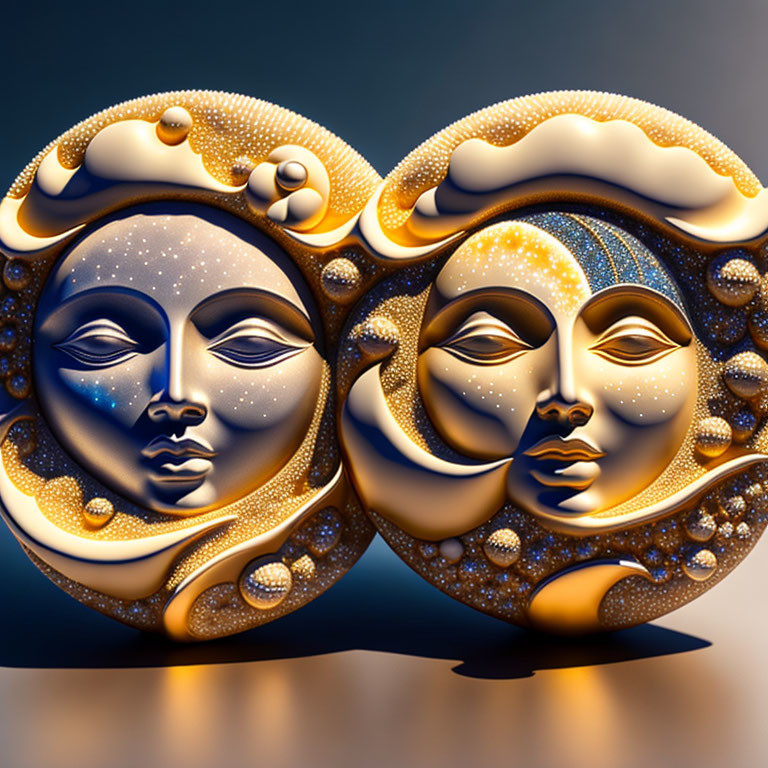 Celestial-themed sun and moon masks with golden accents on gradient background