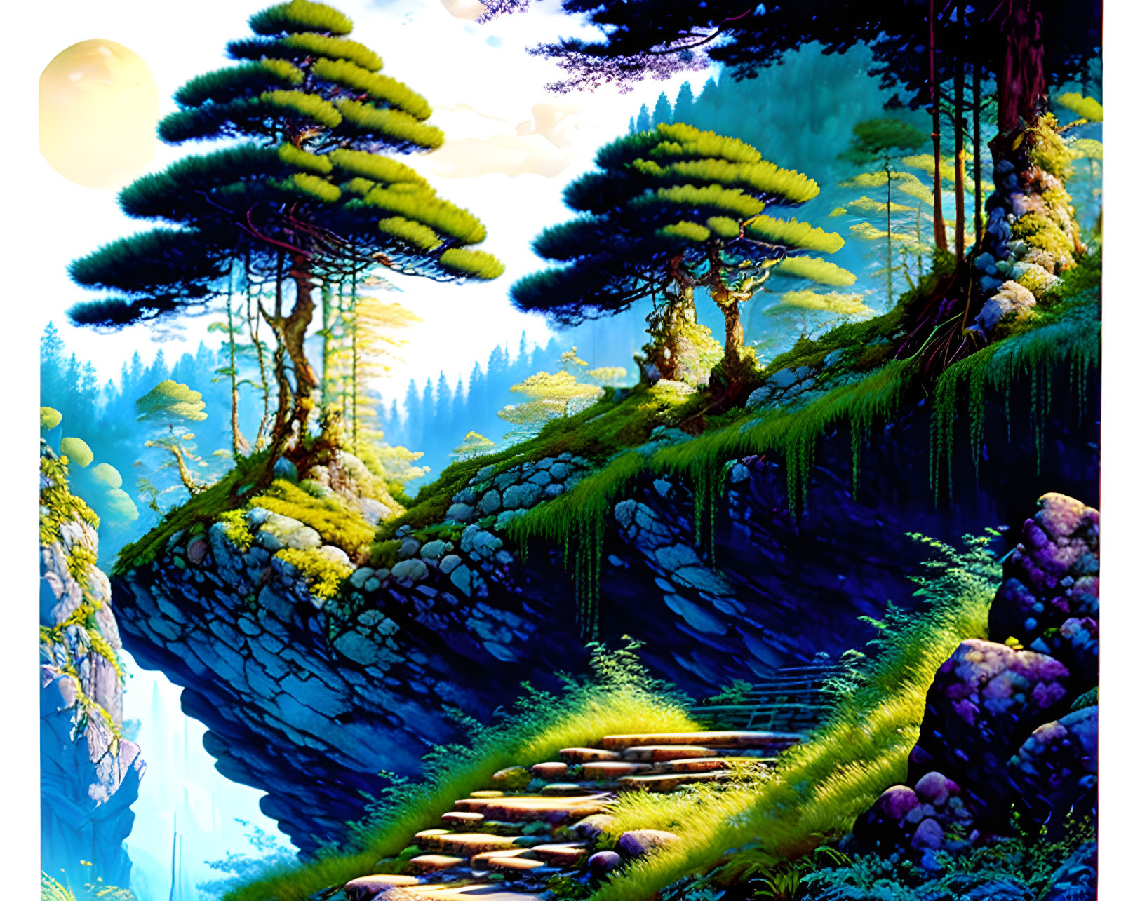 Fantastical landscape with stone path, lush greenery, unique trees, glowing moon