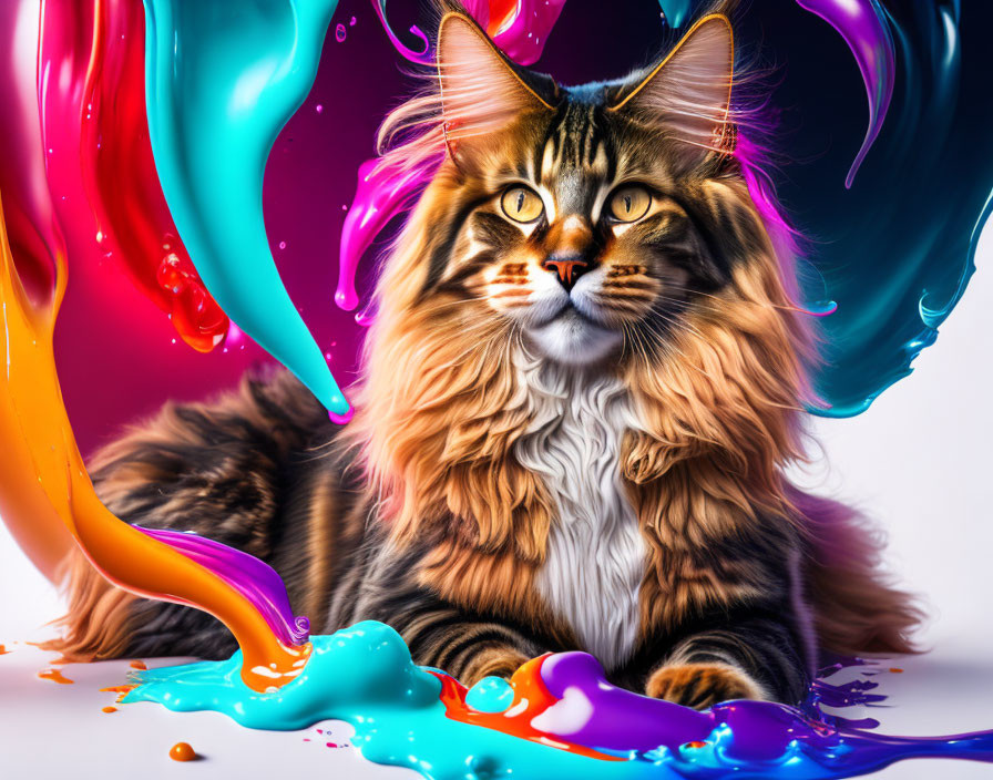 Majestic Maine Coon Cat with Colorful Paint Splashes