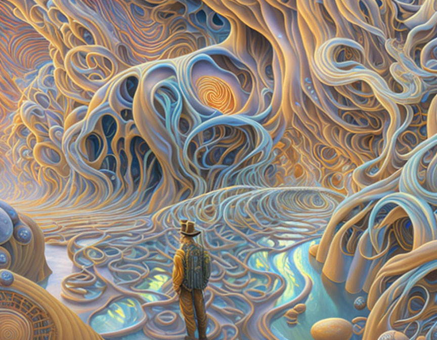 Person in trench coat in front of surreal swirling landscape with warm colors