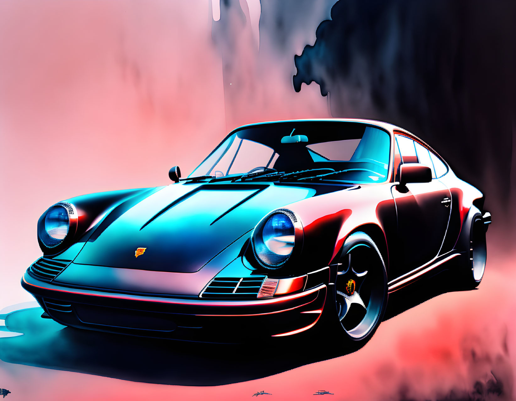 Stylized classic Porsche car in black and red against pink and blue backdrop