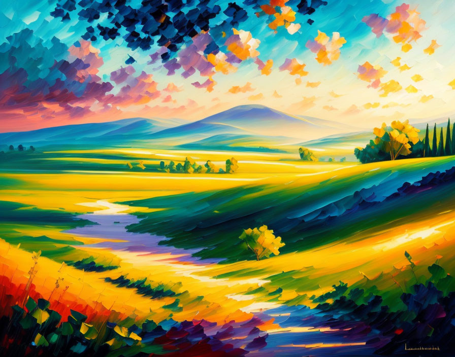 Colorful landscape oil painting with rolling hills, river, trees, and vivid sunset sky.