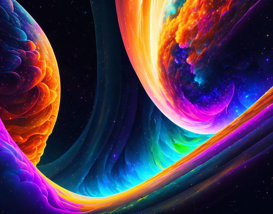 Colorful digital artwork with cosmic swirls and space-time flow