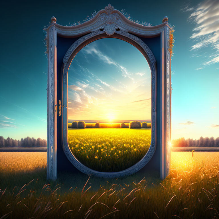 Ornate open doorway framing vibrant field with hay bales under sunset sky