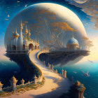 Fantasy architecture scene with glowing spherical palace, ornate bridges, and starry sky.