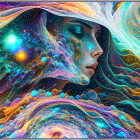 Colorful digital artwork of a woman in intricate garments with blues, purples, and golden hues