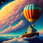 Fantasy landscape with moon, hot air balloon, cloaked figure at dusk