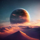 Surreal landscape with metallic sphere over sand dunes