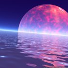 Pink moon over calm sea under starry night sky