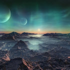 Fantasy seascape with crescent moon, northern lights, setting sun, ships, and rocky is